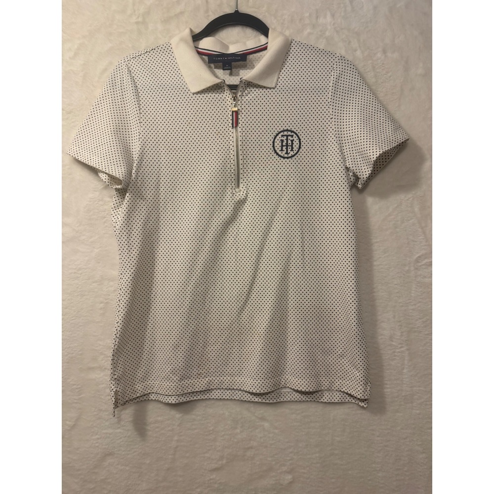 Tommy Hilfiger Polo Shirt Womens Medium White Polka Dot Quarter Zip Logo